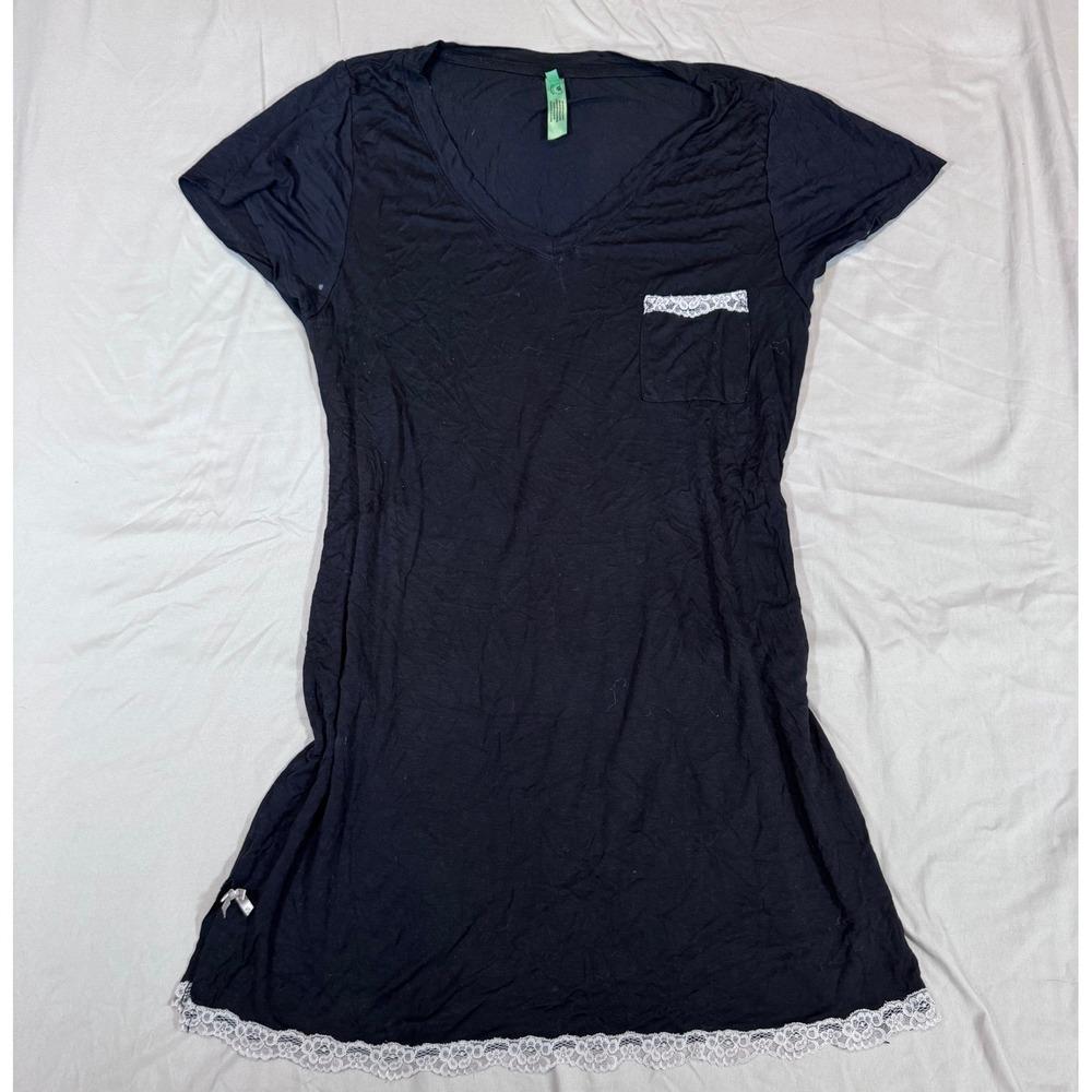Honeydew Intimates Lace Trim Nightgown L Black V-Neck Short Sleeve Chemise